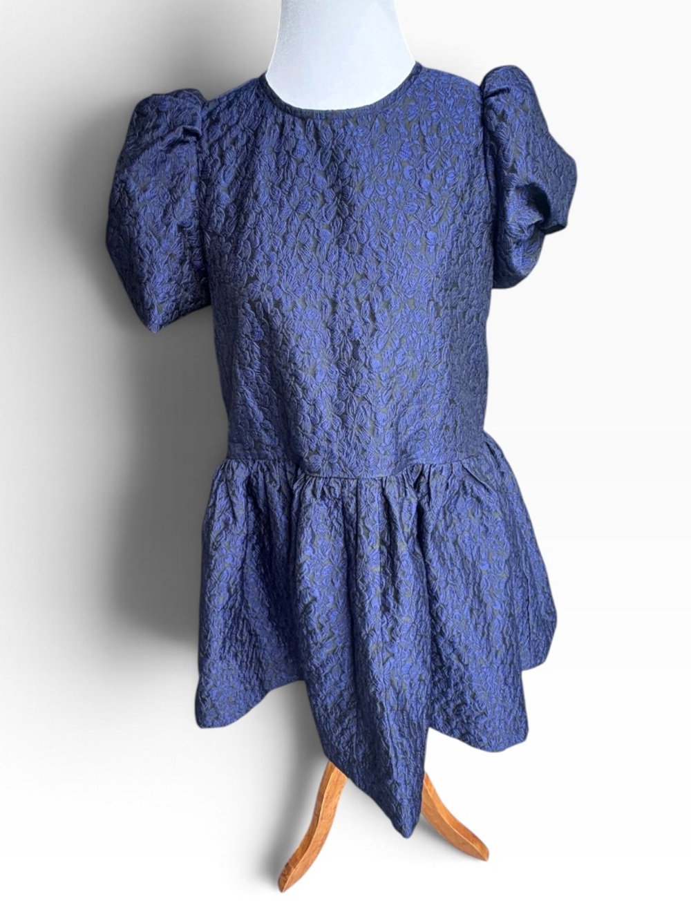 TCEC Navy Textured Puff-Sleeve Party Dress